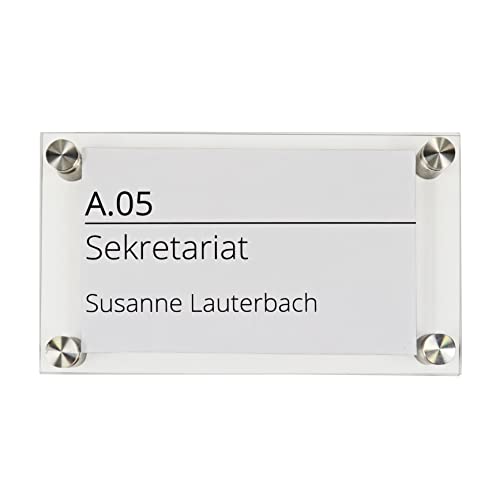 Türschild aus Acryl 10 x 17 cm mit silberfarbenen Stiften, klare Abdeckung, Büroschild zum selbst...