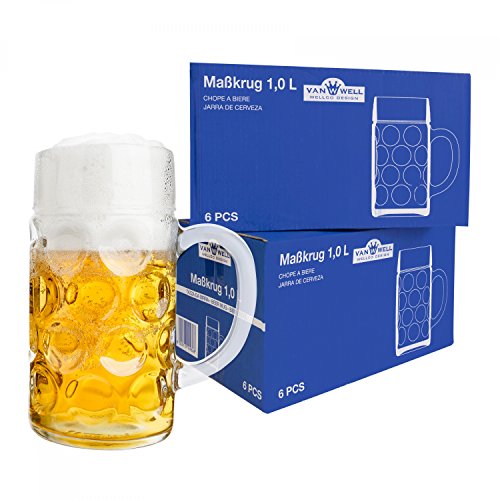 Van Well 12er Set Maßkrug 1 Liter geeicht | großer Bierkrug mit Henkel | Bierglas...