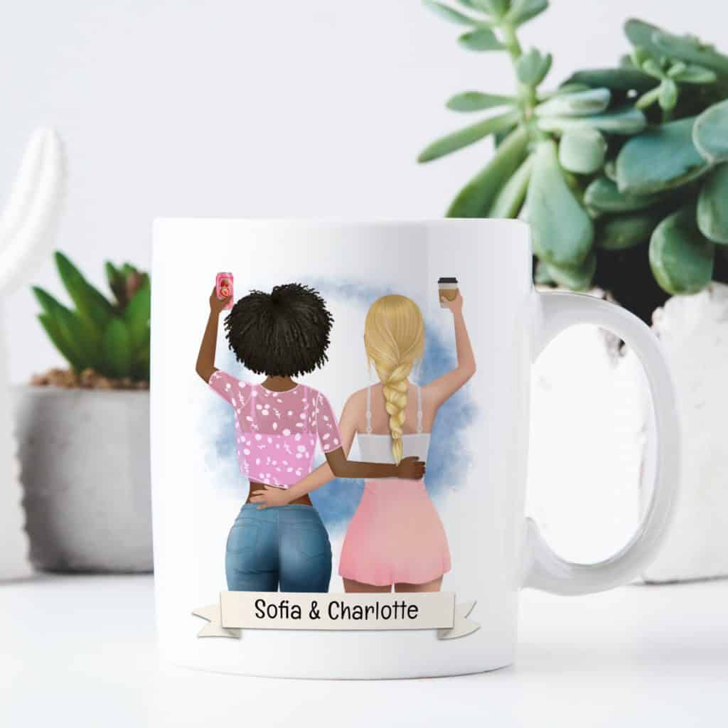 Beste Freundinnen Tasse mit einstellbarer Haarfarbe, Jacke und Namen